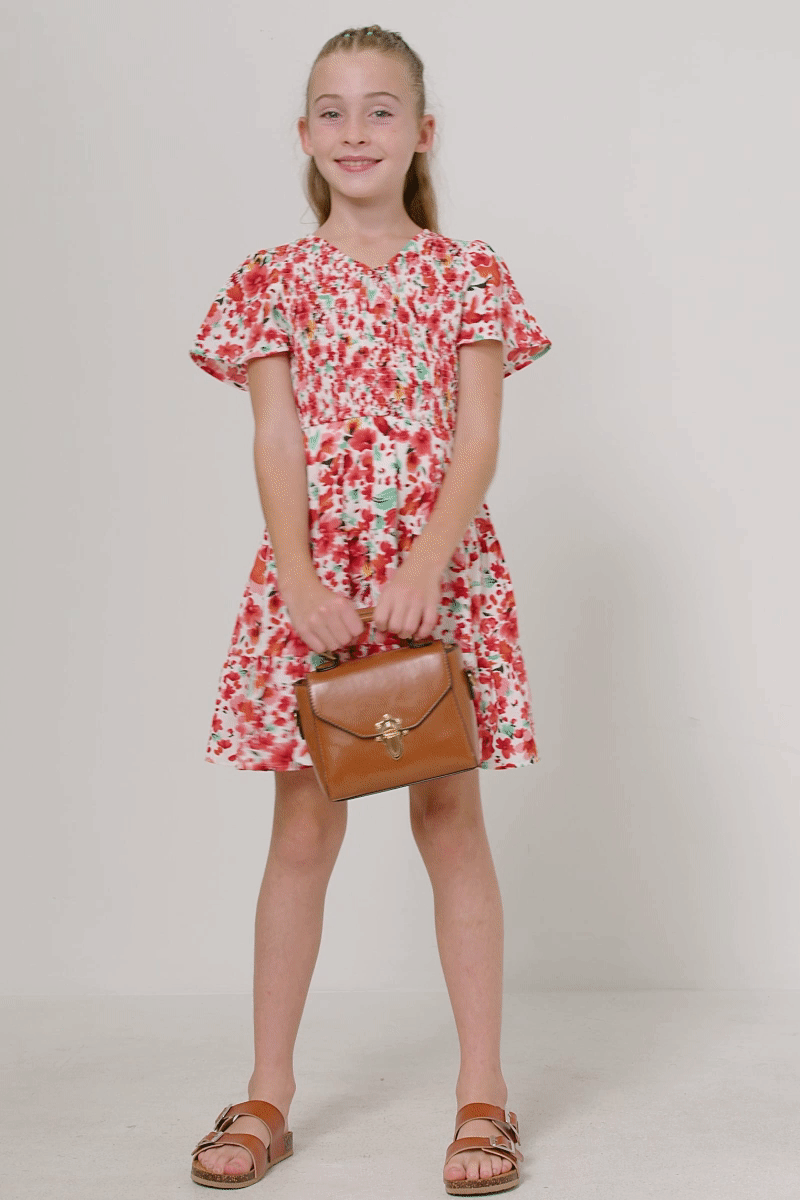 Girls Floral Smocked V Neck Short Sleeve Dress