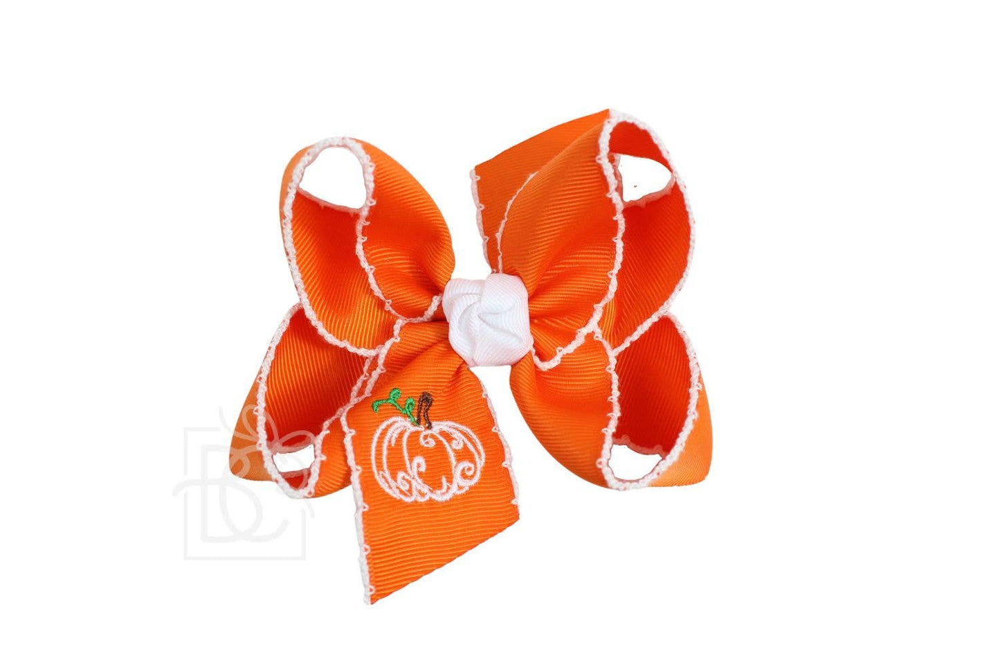 Embroidered Pumpkin Crochet Edge Bow: White-Light Pink Crochet Edge w/ Embroidered Pumpkin / 4.5" Large - 1.5" Crochet Edge Grosgrain Ribbon