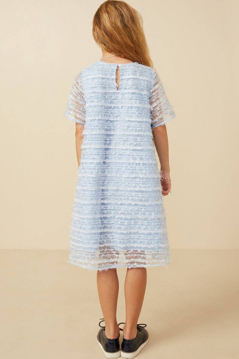 Girls Feathered Mesh And Dot Shift Dress: Blue