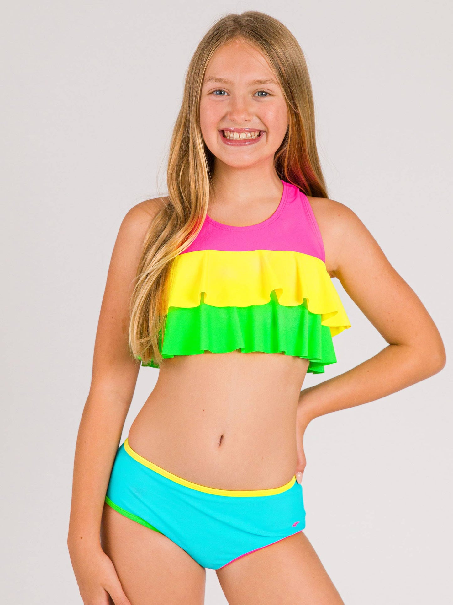 Tween Girls Neon Color Block Flounce Bikini 2-Piece Swimsuit