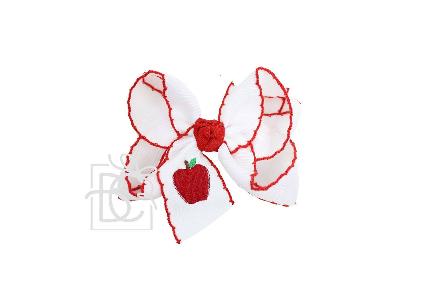 Embroidered Apple on Crochet Edge Bow: 4.5" Large