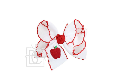 Embroidered Apple on Crochet Edge Bow: 4.5" Large