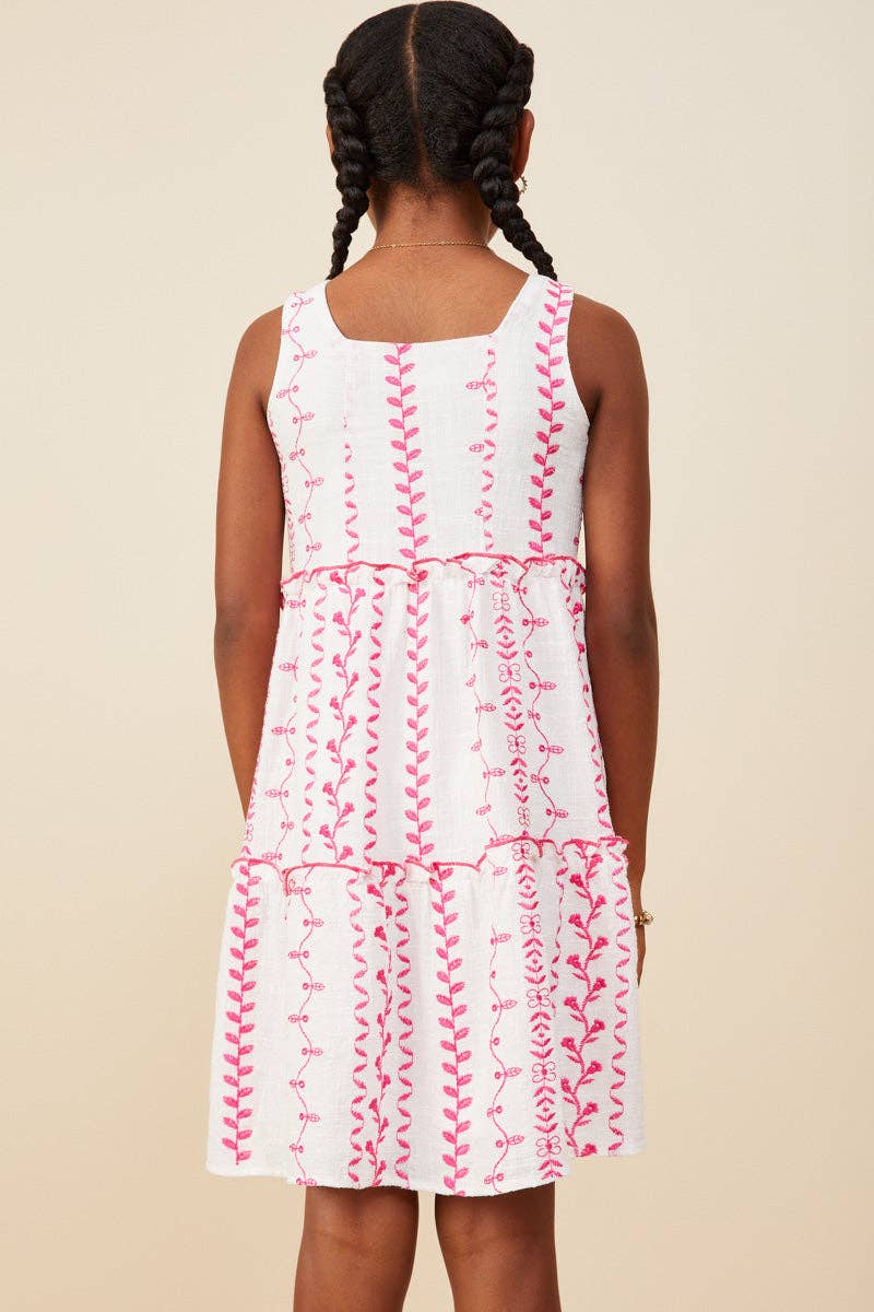 Girls Botanical Embroidered Ruffle Tiered Tank Dress: Pink