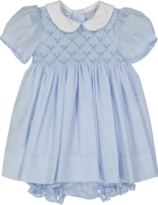 Rosebud Diamond Smocked Dress - Blue/White - no bloomers