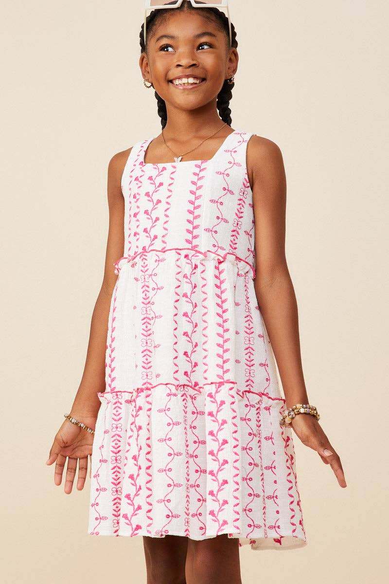 Girls Botanical Embroidered Ruffle Tiered Tank Dress: Pink