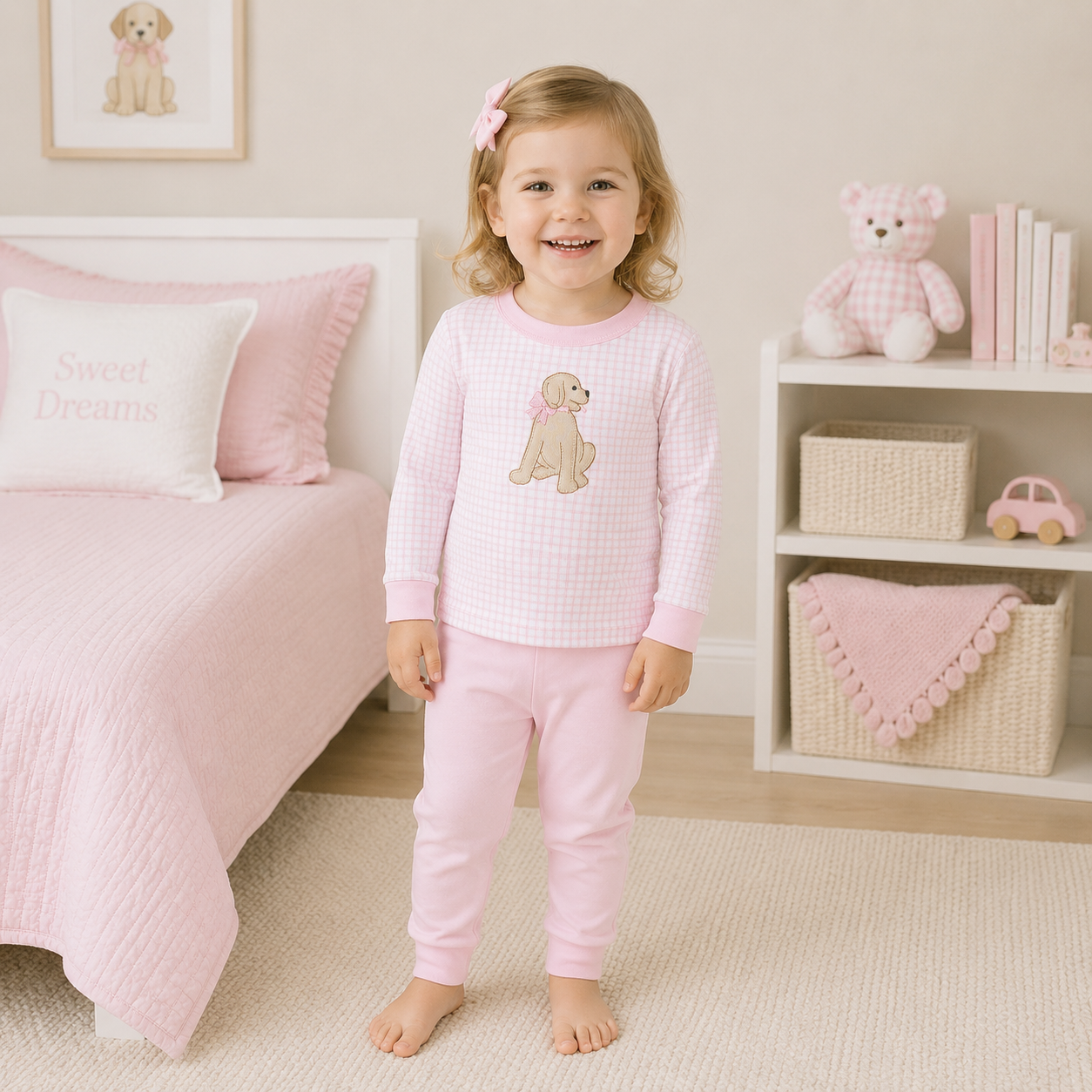 Puppy Playtime Applique Long Pajamas - Pink