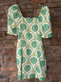 Joy Joy Puff Sleeve Fitted Dress Green Motiff S