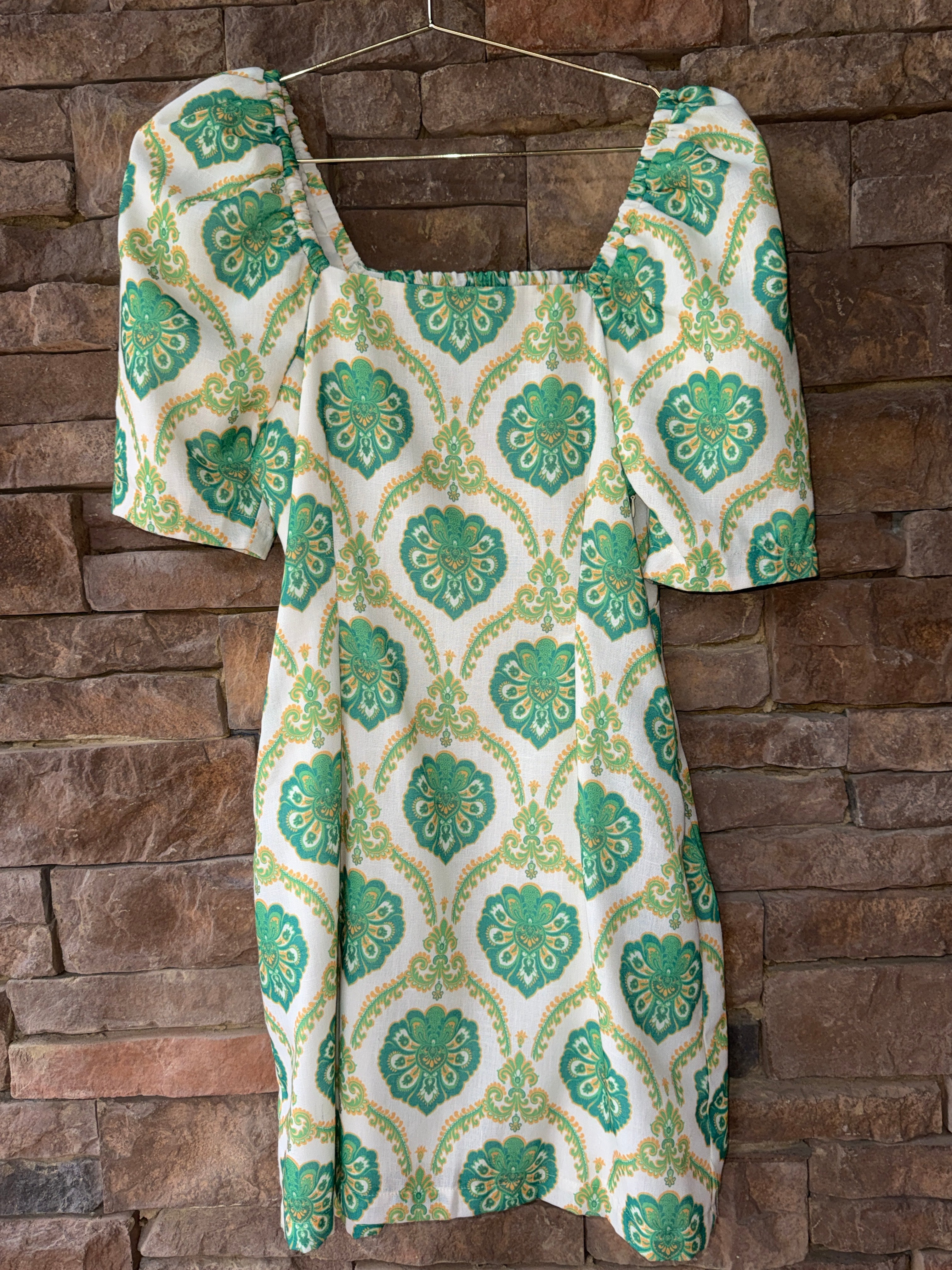 Joy Joy Puff Sleeve Fitted Dress Green Motiff S