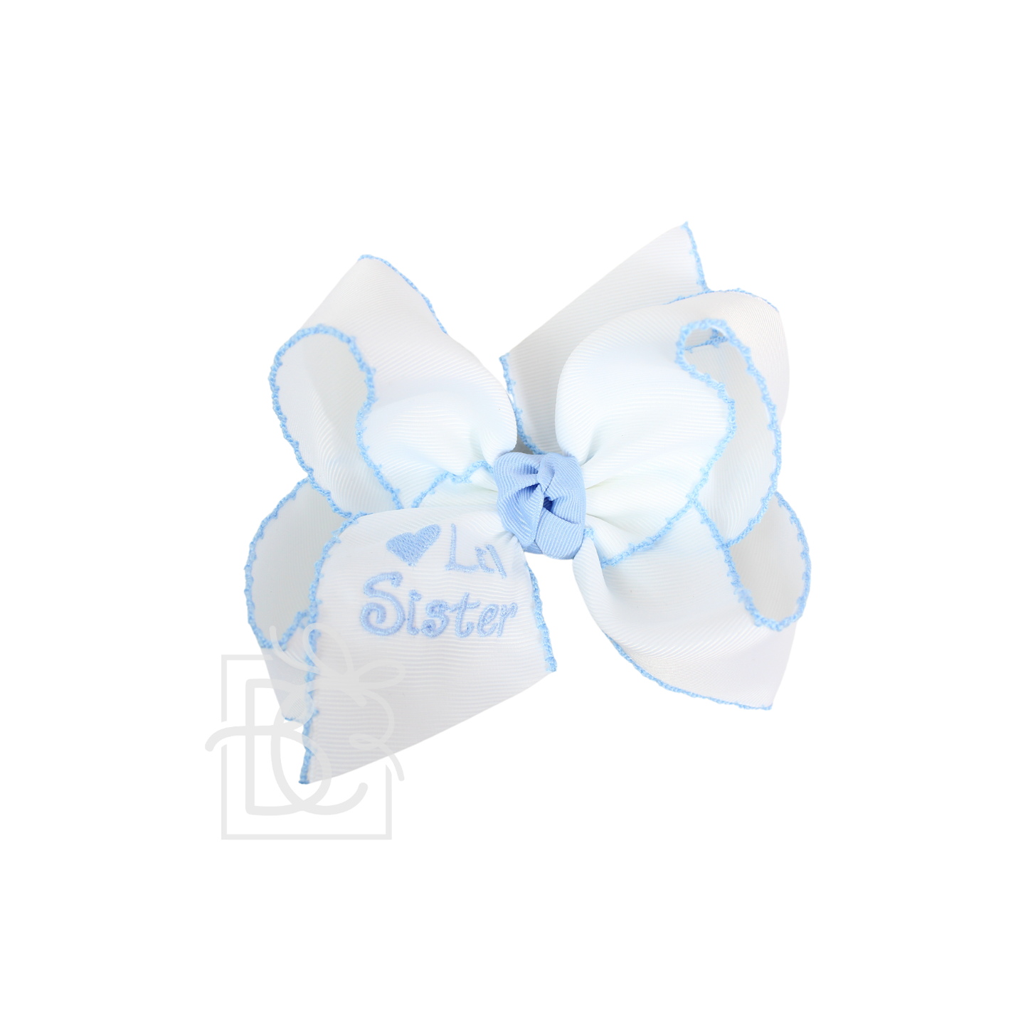 Embroidered Big Sister & Lil Sister Crochet Edge Bow: White w/ Pink Crochet Edge / 4.5" Large / Lil Sister