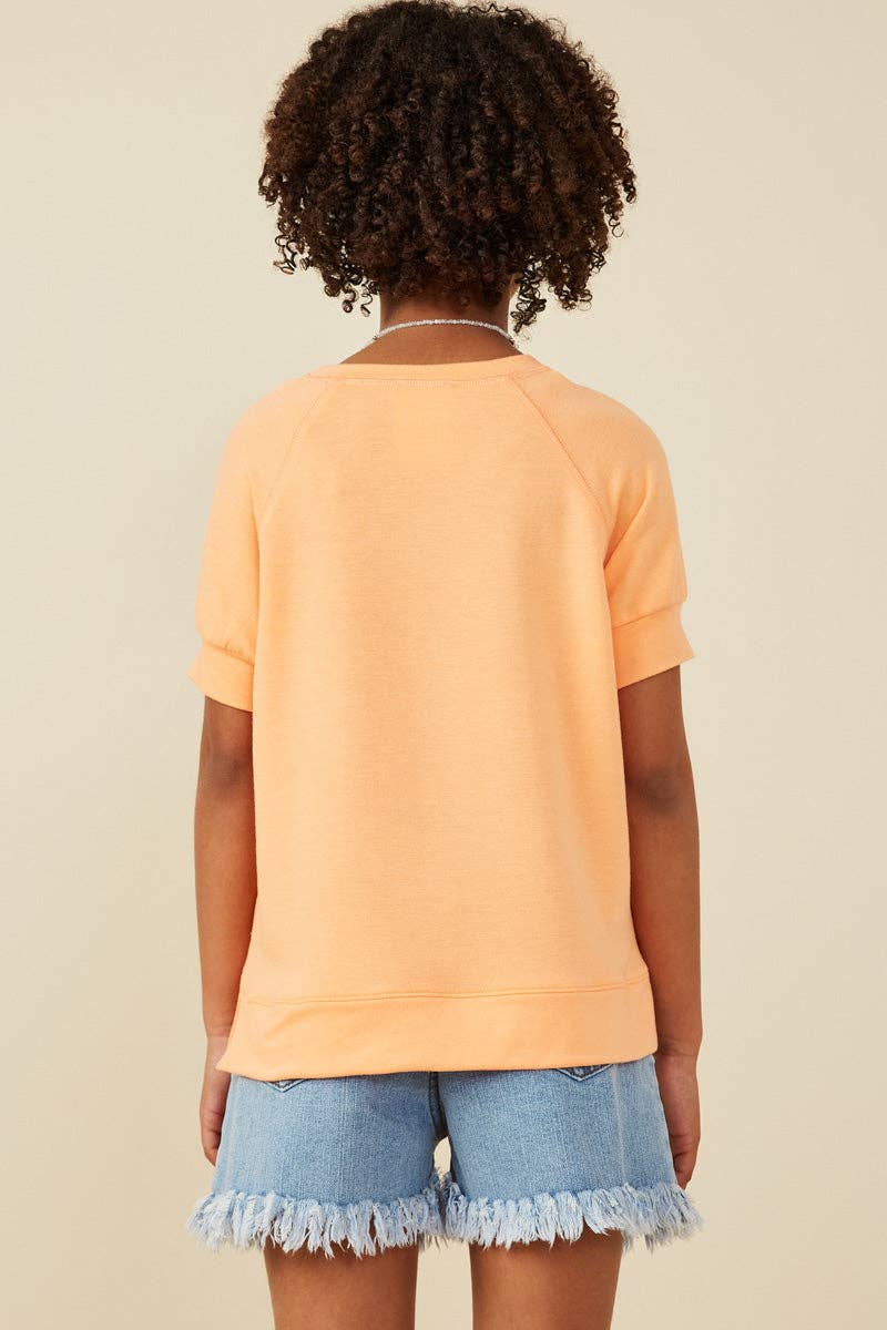 Girls Crochet Lace Trimmed French Terry Raglan Top: Peach