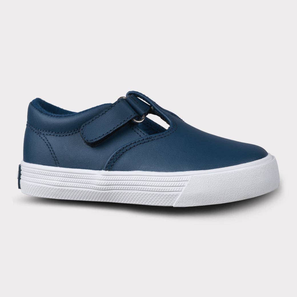 Khloe Girls T-Strap Hook & Loop Shoe: Navy Leather