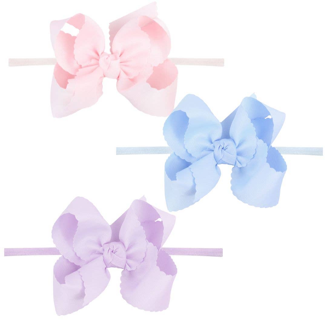 1/4" Nylon Pantyhose Headband w/ Scalloped Edge Bow: Powder Pink / 3.5" Medium