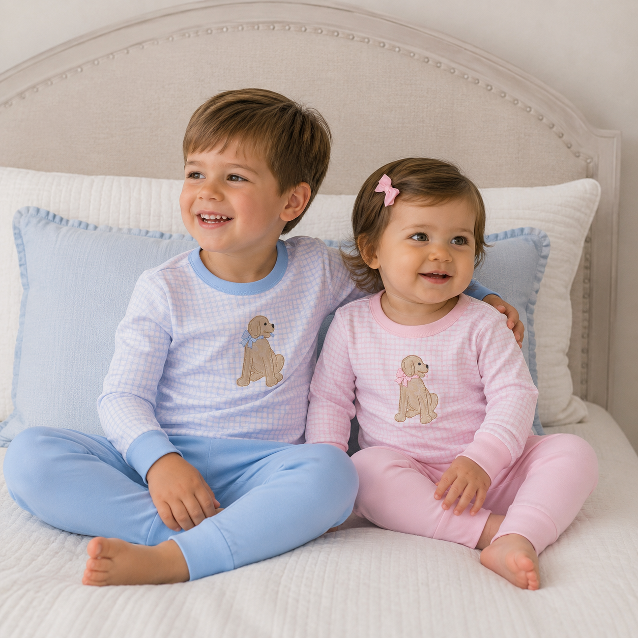 Puppy Playtime Applique Long Pajamas - Light Blue