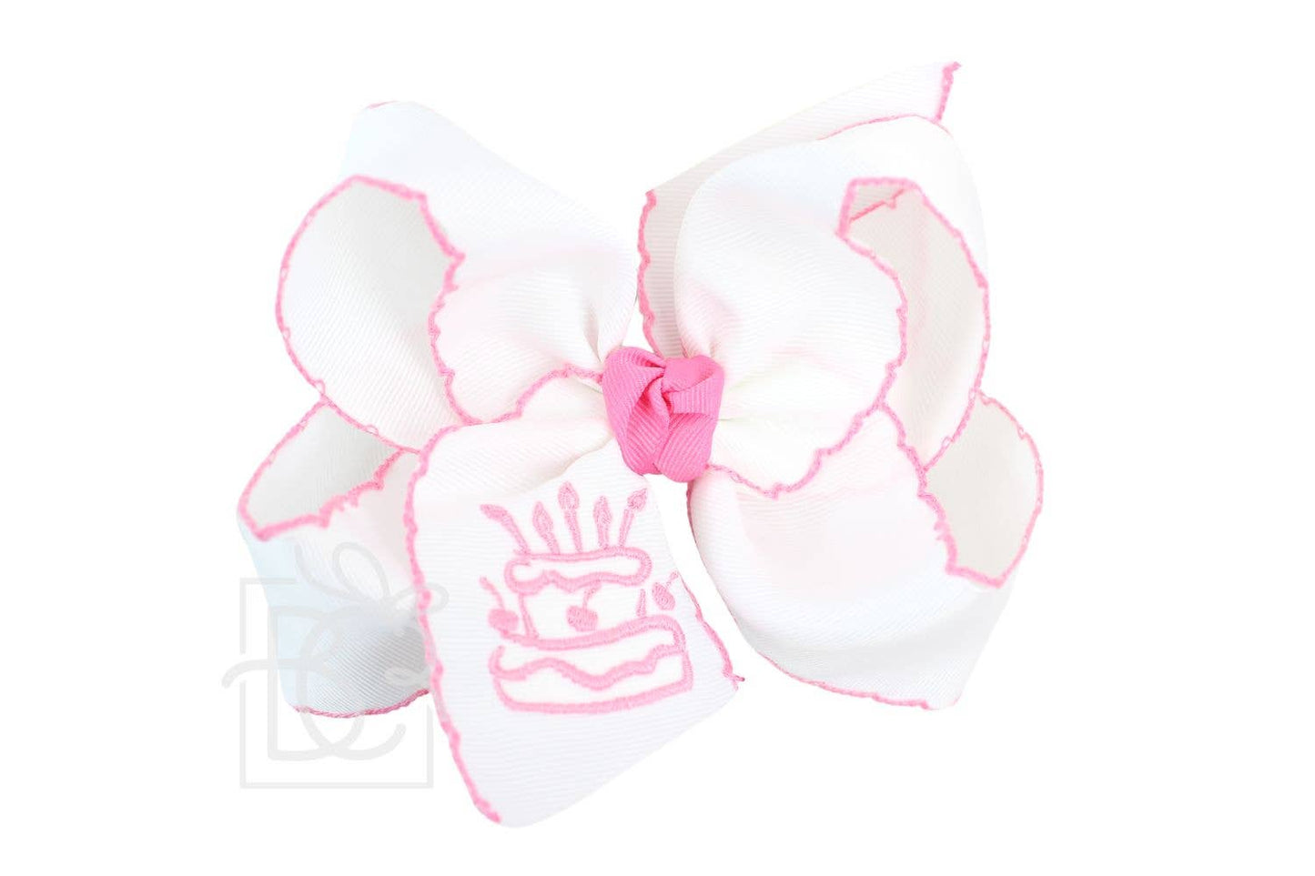 EMBROIDERED CAKE CROCHET EDGE BOWS: Hot Pink Cake / 5.5" Huge Bow on Alligator Clip - 2.25" Crochet edge Ribbon