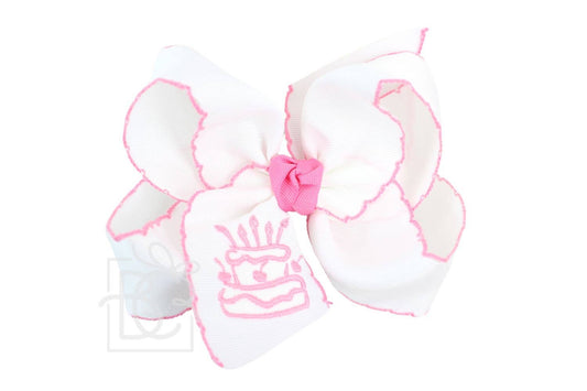 EMBROIDERED CAKE CROCHET EDGE BOWS: Hot Pink Cake / 5.5" Huge Bow on Alligator Clip - 2.25" Crochet edge Ribbon