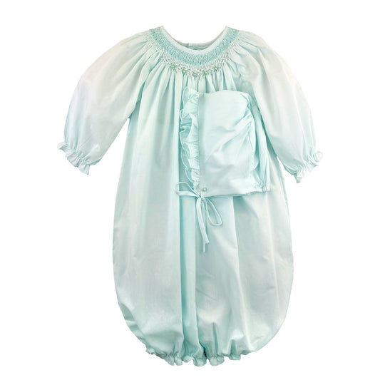 Bishop Smocked Heirloom Gown & Bonnet: Mint