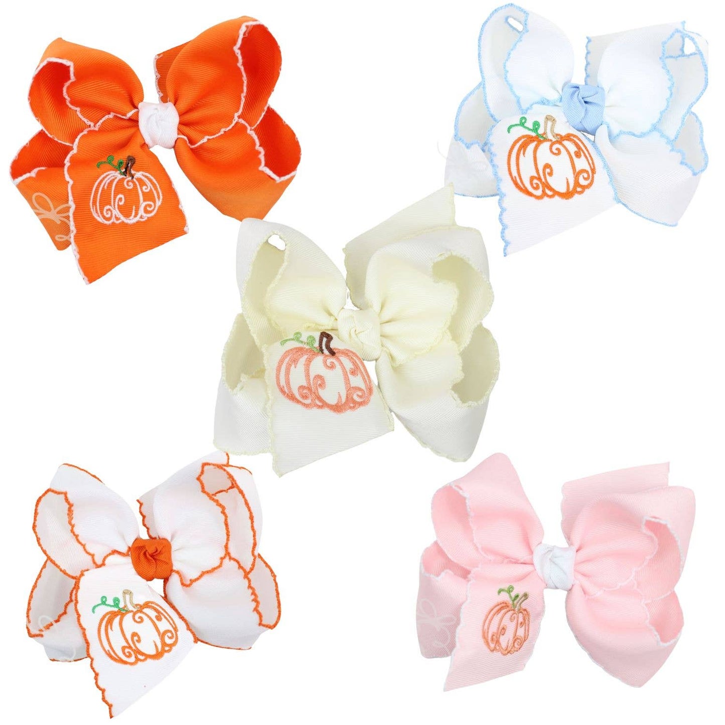 Embroidered Pumpkin Crochet Edge Bow: White-Light Pink Crochet Edge w/ Embroidered Pumpkin / 4.5" Large - 1.5" Crochet Edge Grosgrain Ribbon