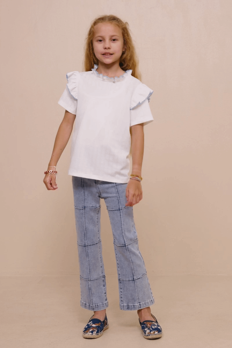 Girls Contrast Tipped Ruffled Ribbed Knit Top-Off White