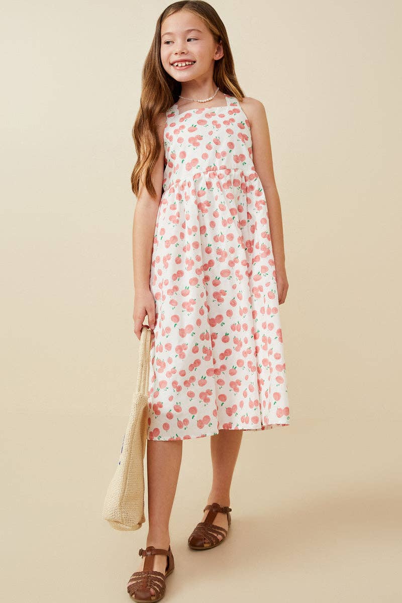 Girls Cherry Print Poplin Cross Back Dress: Pink