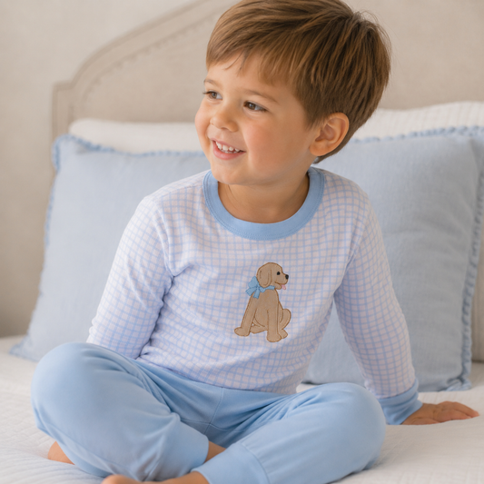 Puppy Playtime Applique Long Pajamas - Light Blue
