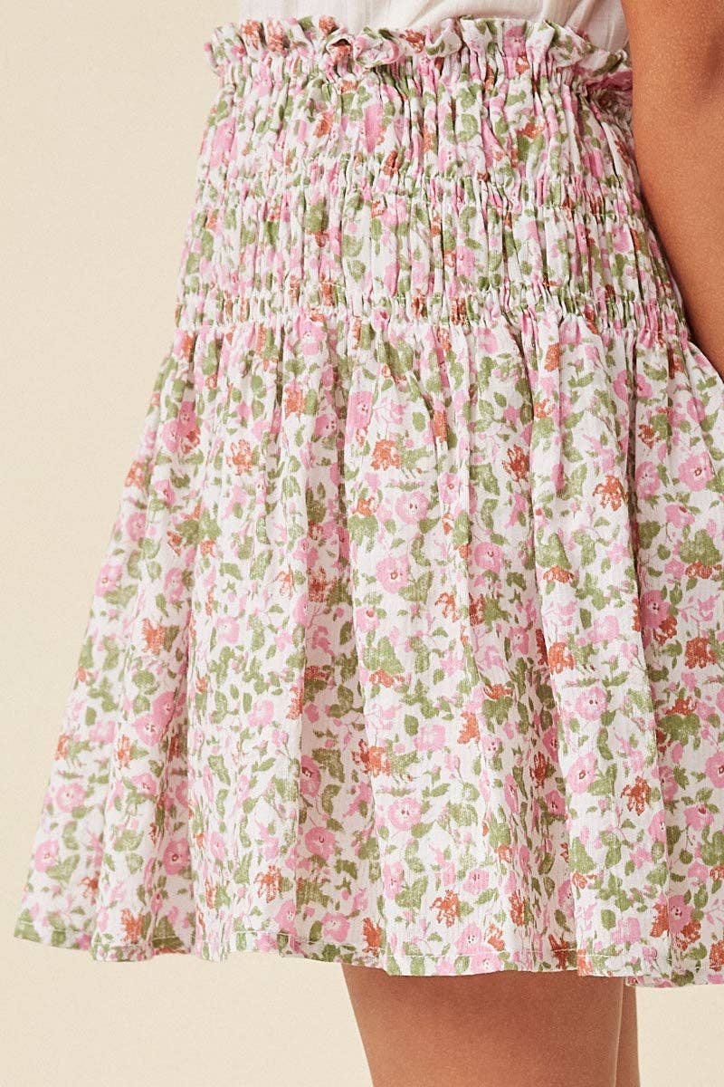 Girls Ditsy Floral Elastic Detailed Skirt: Pink