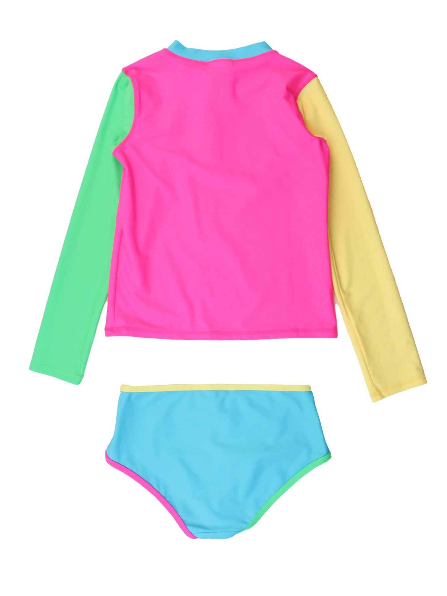 Tween Girls Neon Color Block Long Sleeve Zipper Rash Guard 2-Piece Swimsuit