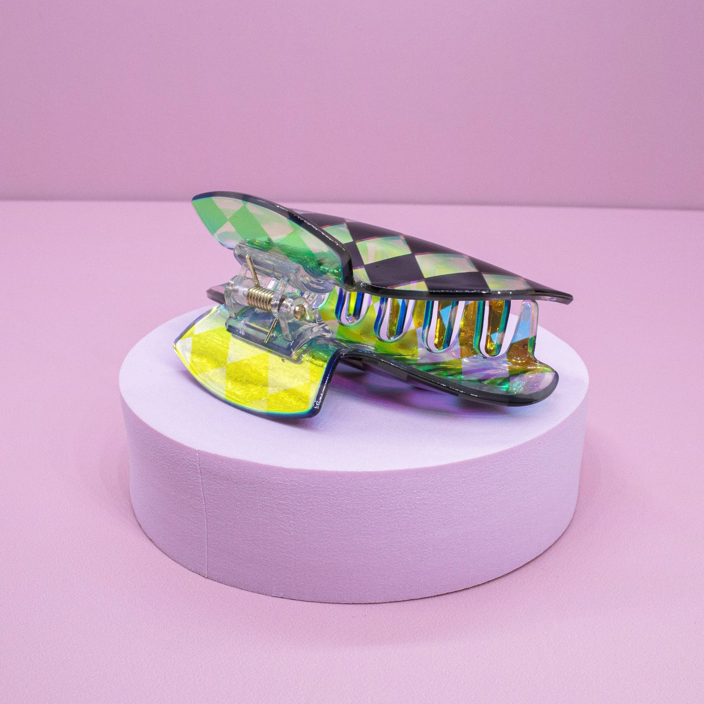 Medium Round Iridescent Checkered Hair Claw Clip: Pink