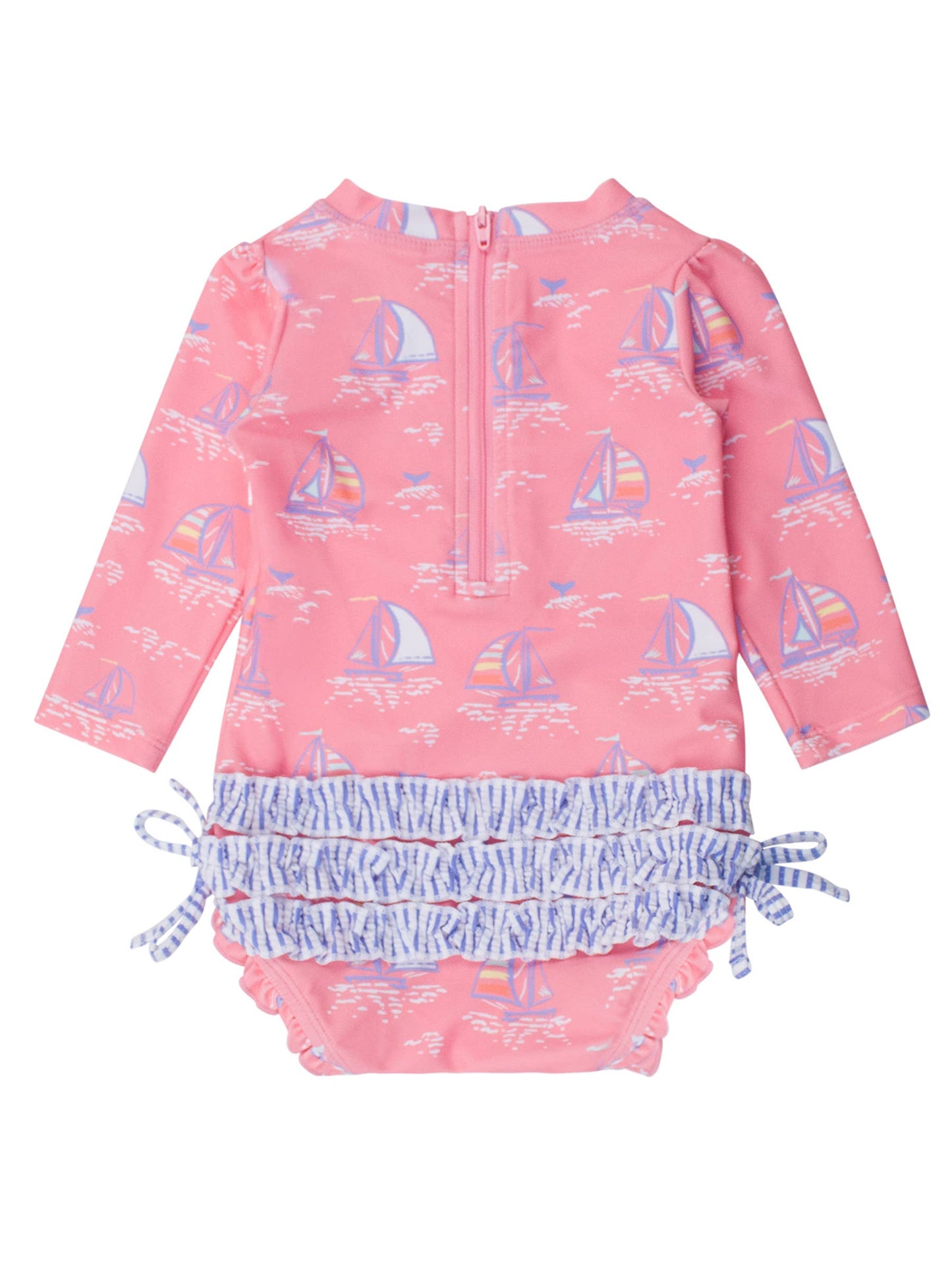 Seas the Day Long Sleeve One Piece Rash Guard Swimsuit with Signature Rear Ruffles