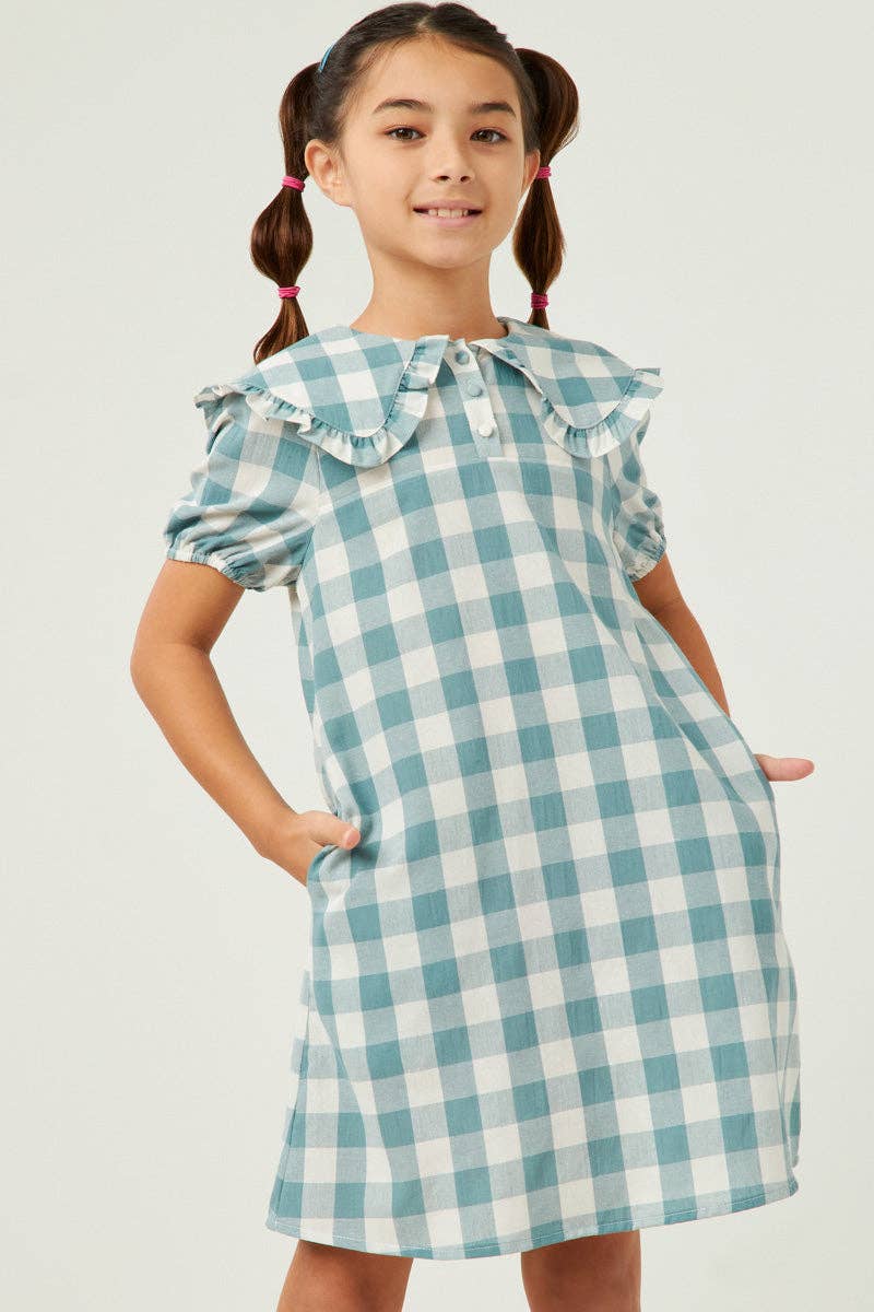 Girls Ruffled Bib Collar Checkered Dress: Aqua