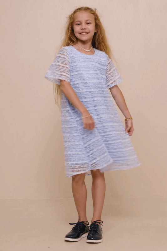 Girls Feathered Mesh And Dot Shift Dress: Blue