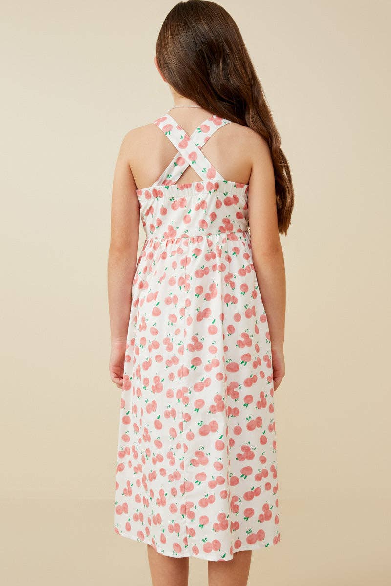 Girls Cherry Print Poplin Cross Back Dress: Pink