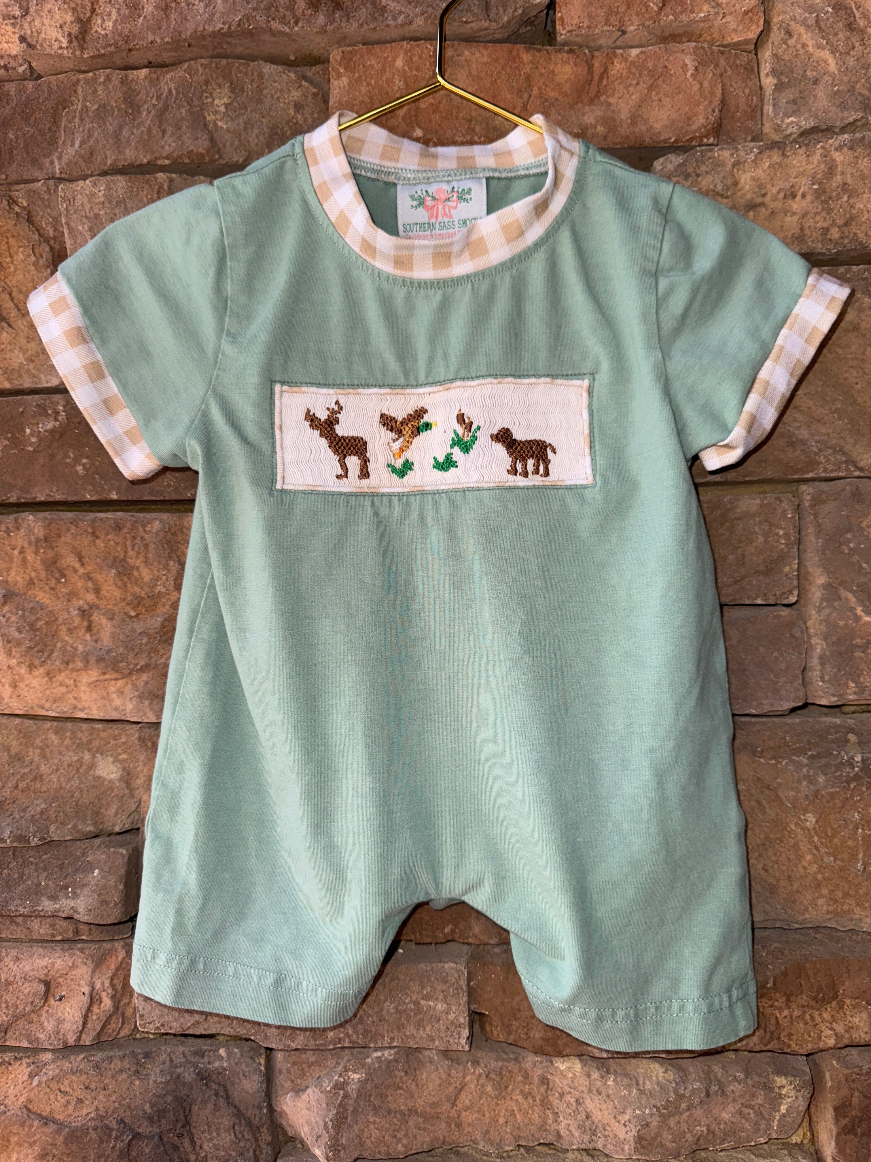 Southern Sass Smocks Hunting Romper 6M