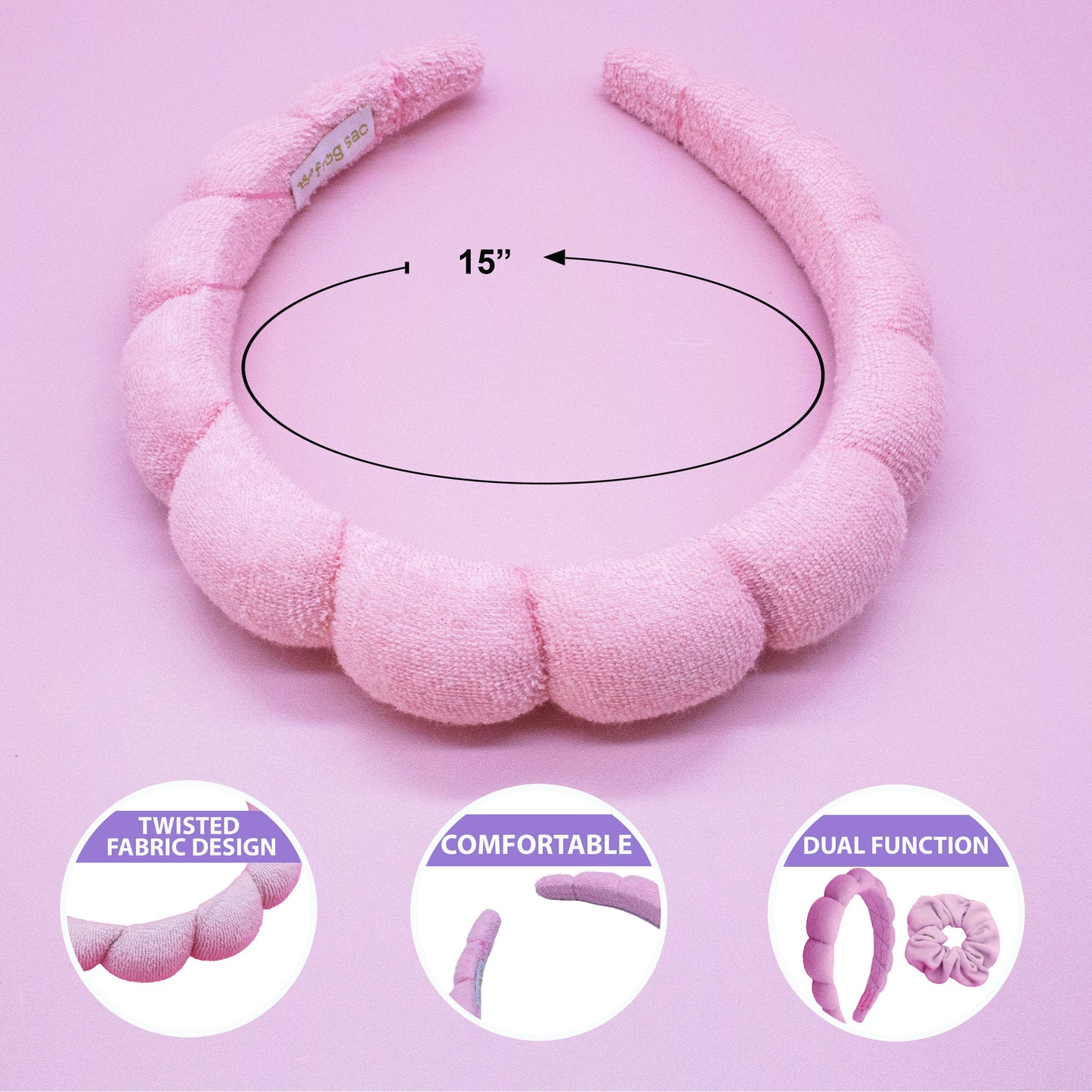 Spa Headband - Skincare Headband & Scrunchie Wristband Set: Hot Pink