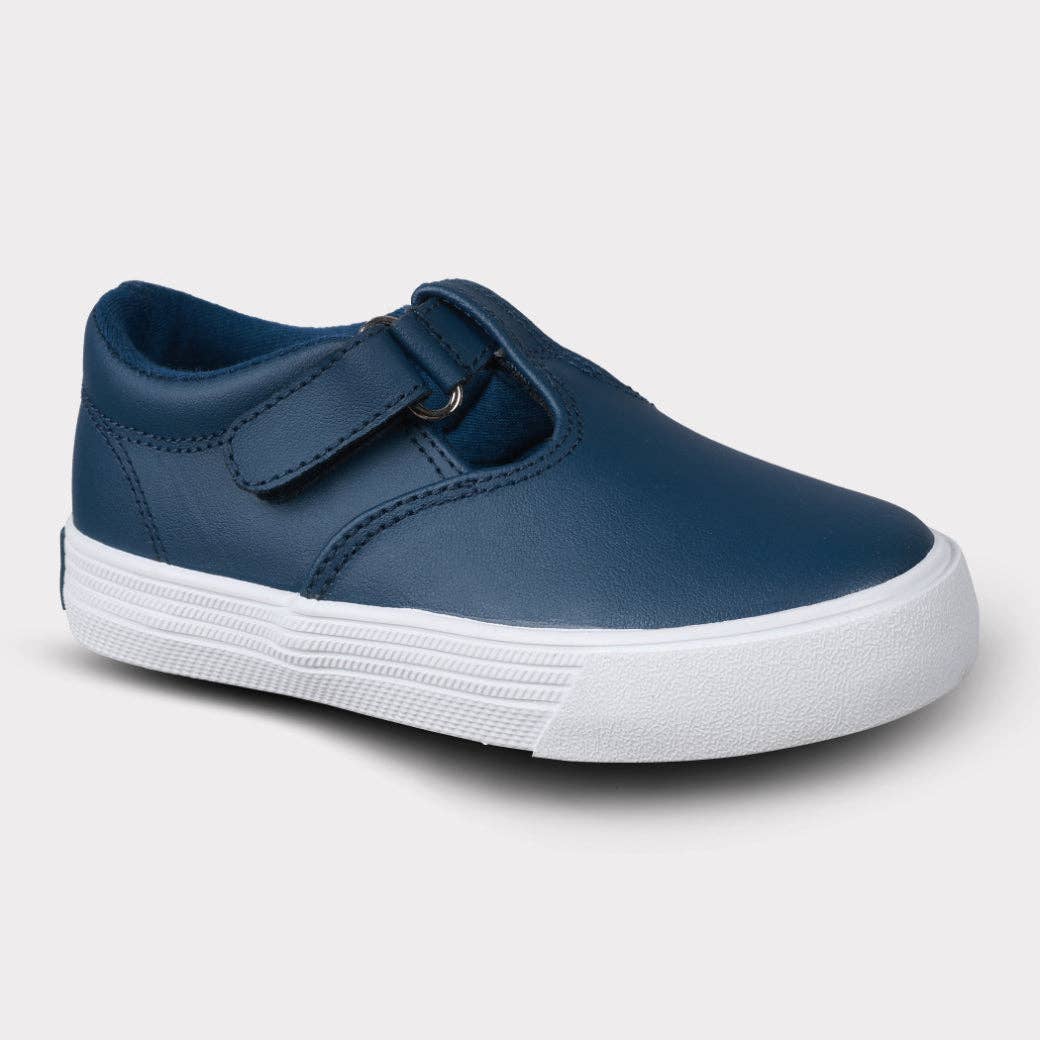 Khloe Girls T-Strap Hook & Loop Shoe: Navy Leather