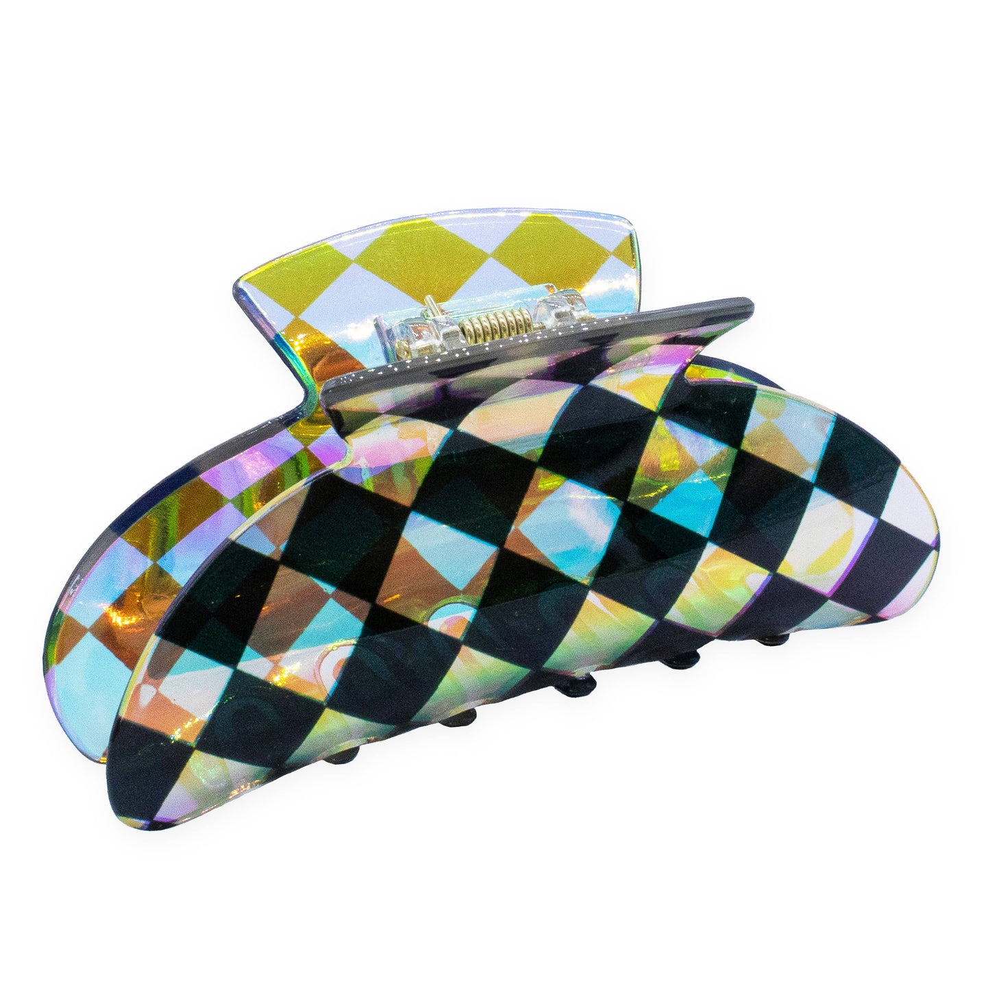 Medium Round Iridescent Checkered Hair Claw Clip: Pink