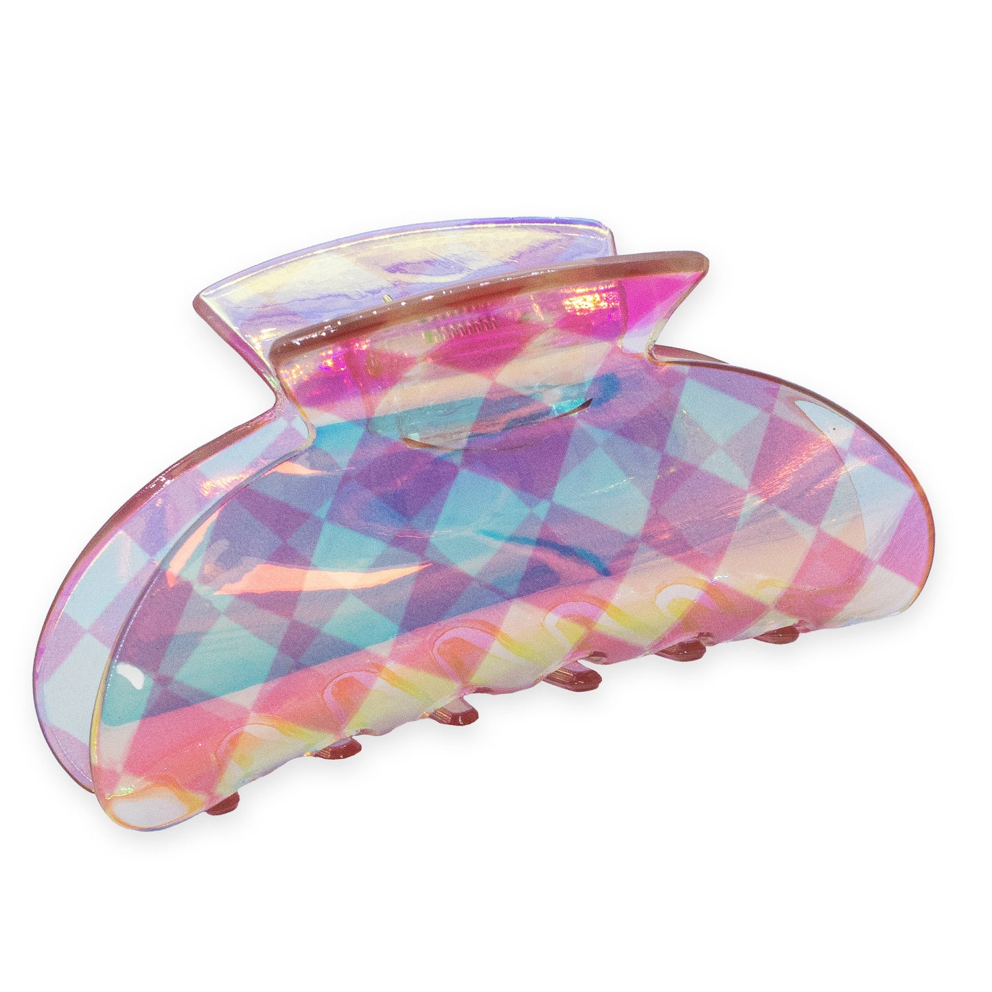 Medium Round Iridescent Checkered Hair Claw Clip: Pink