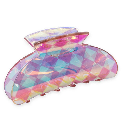 Medium Round Iridescent Checkered Hair Claw Clip: Pink