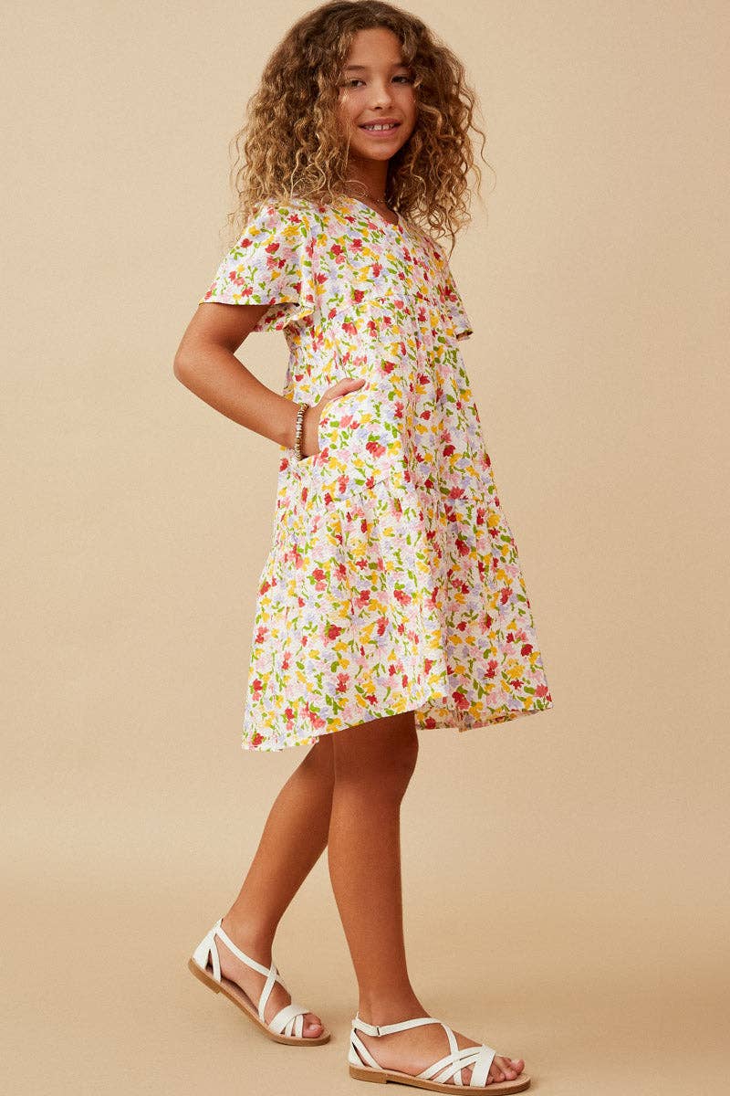 Girls Ditsy Floral V Neck Flutter Sleeve Dress: Off White