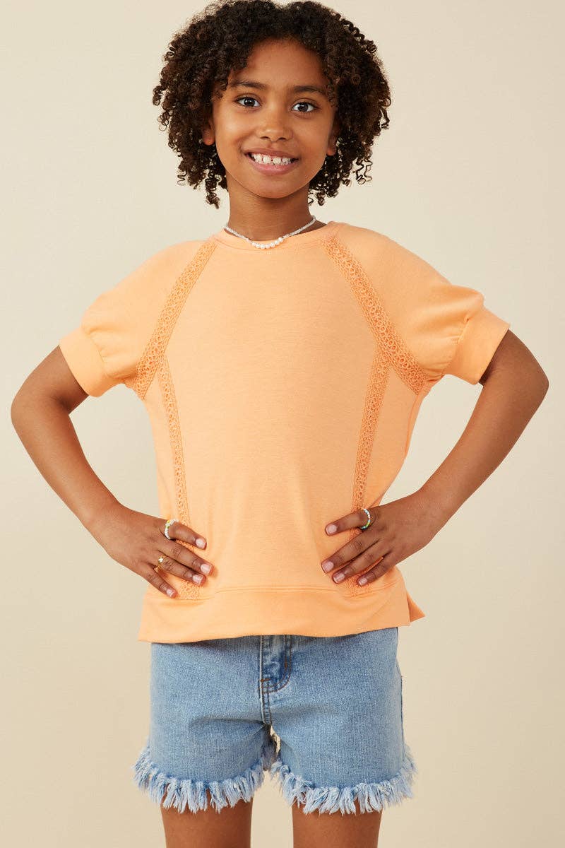 Girls Crochet Lace Trimmed French Terry Raglan Top: Peach
