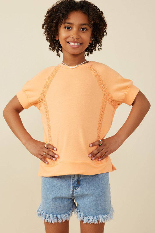 Girls Crochet Lace Trimmed French Terry Raglan Top: Peach