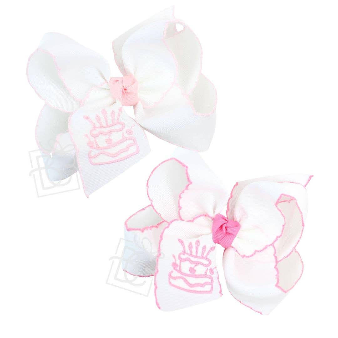 EMBROIDERED CAKE CROCHET EDGE BOWS: Hot Pink Cake / 5.5" Huge Bow on Alligator Clip - 2.25" Crochet edge Ribbon