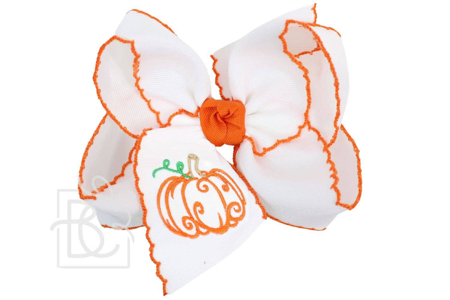 Embroidered Pumpkin Crochet Edge Bow: White-Light Pink Crochet Edge w/ Embroidered Pumpkin / 4.5" Large - 1.5" Crochet Edge Grosgrain Ribbon