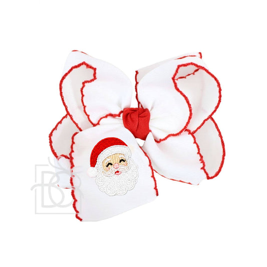 EMBROIDERED SANTA CROCHET EDGE BOWS: White w/ Red Crochet Edge / 4.5" Large