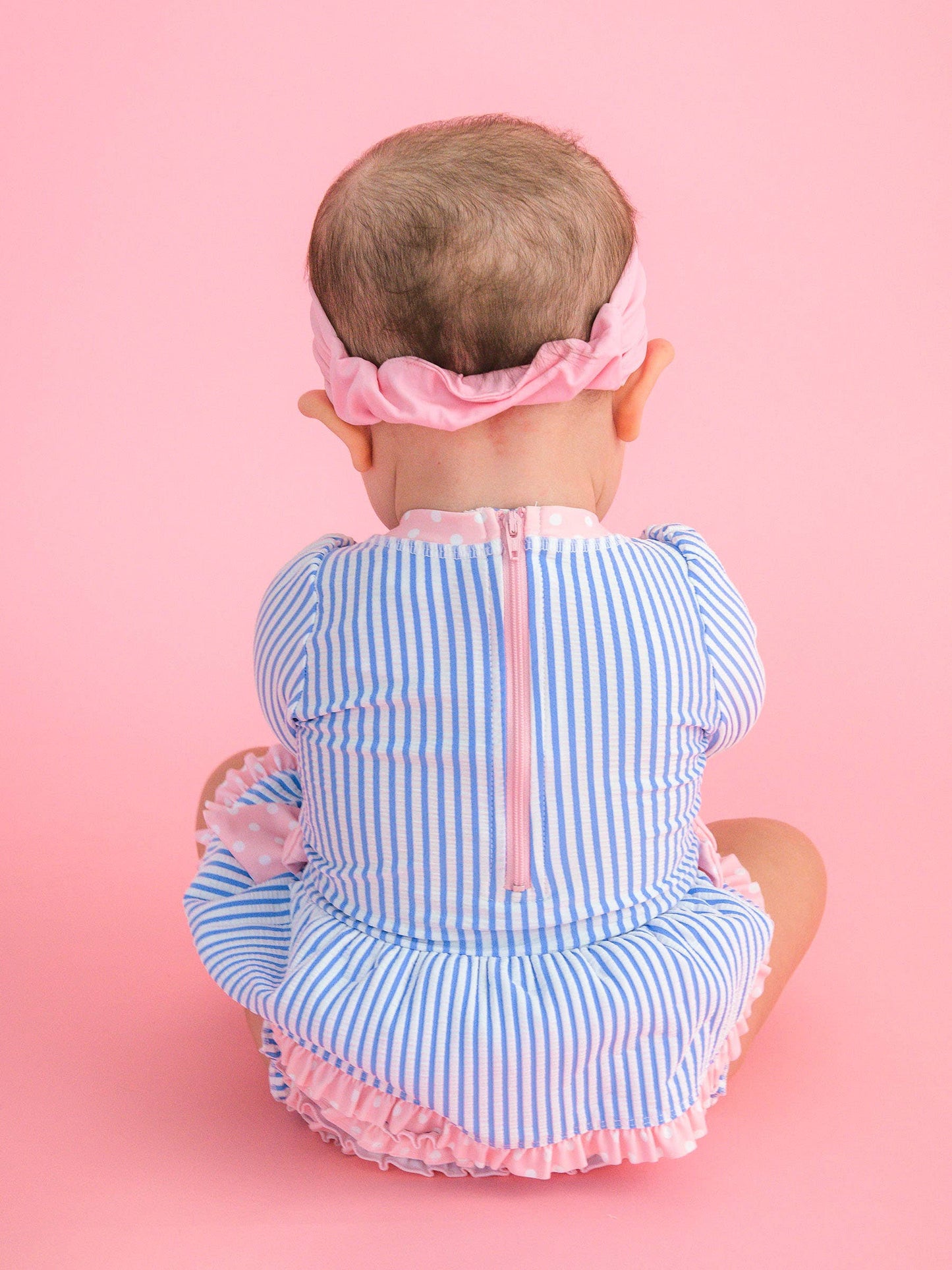 Periwinkle Blue Seersucker Long Sleeve One Piece Bow Peplum Rash Guard Swimsuit with Signature Rear Ruffles