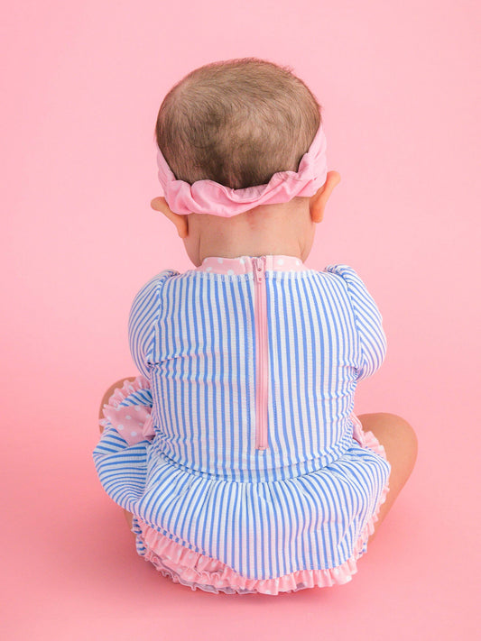 Periwinkle Blue Seersucker Long Sleeve One Piece Bow Peplum Rash Guard Swimsuit with Signature Rear Ruffles