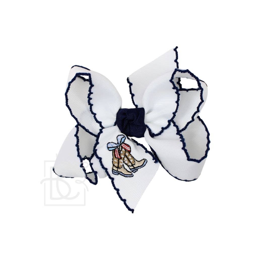 EMBROIDERED PATRIOTIC CROCHET EDGE BOW: 4.5" Large / Fireworks