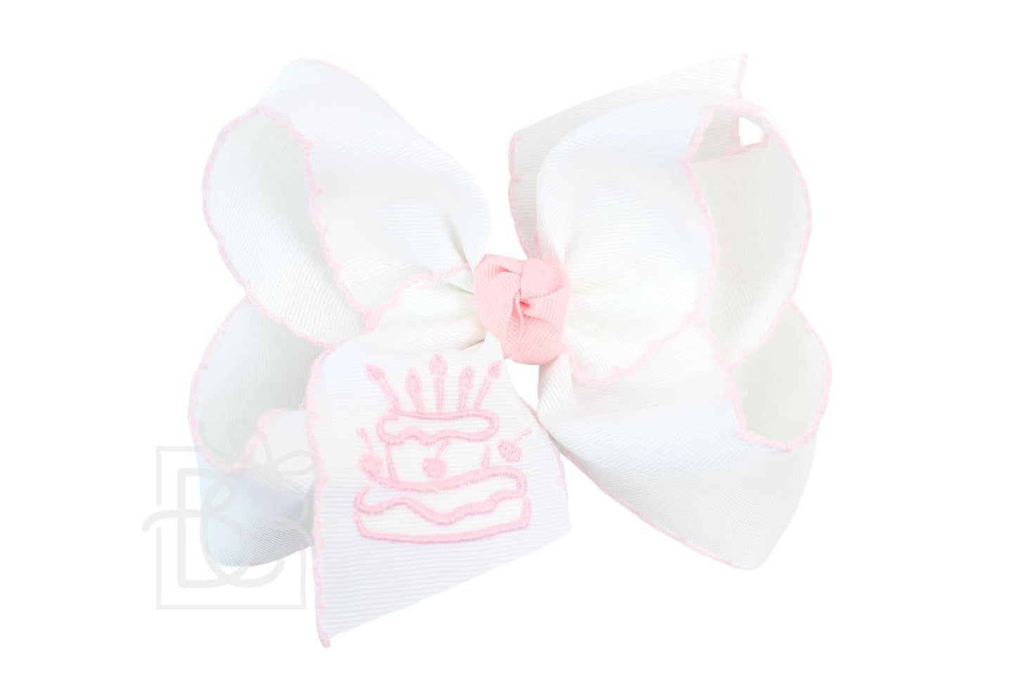 EMBROIDERED CAKE CROCHET EDGE BOWS: Hot Pink Cake / 5.5" Huge Bow on Alligator Clip - 2.25" Crochet edge Ribbon