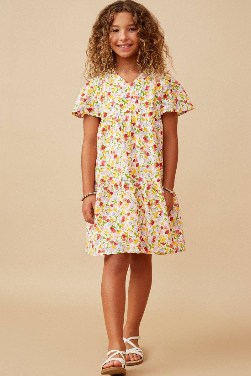 Girls Ditsy Floral V Neck Flutter Sleeve Dress: Off White