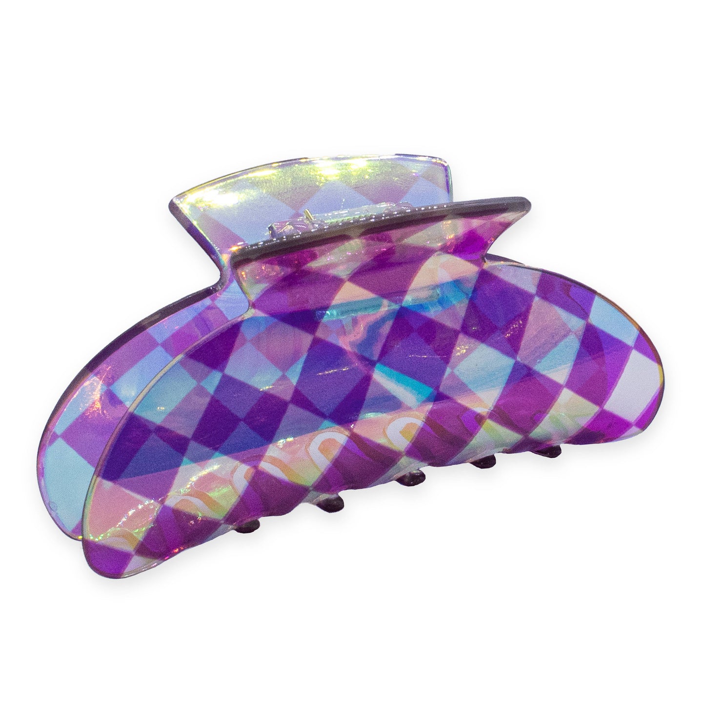 Medium Round Iridescent Checkered Hair Claw Clip: Pink