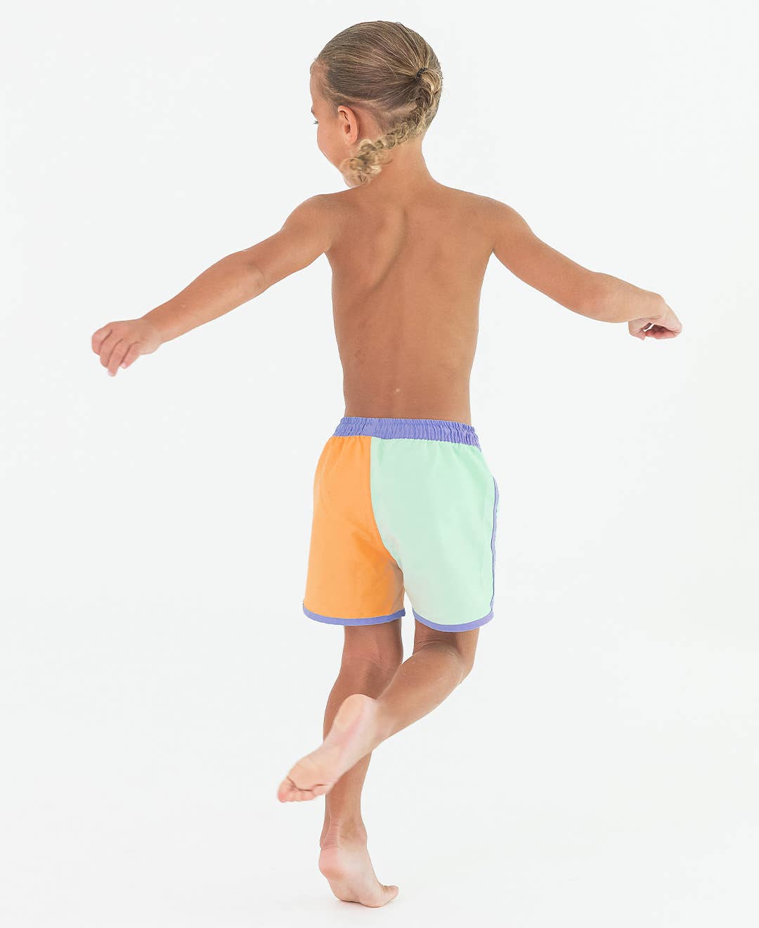 Periwinkle, Frost Green, and Ginger Color Block Dolphin Hem Swim Trunks